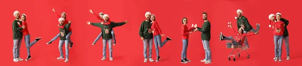 Uppsättning Unga Par Snygg Jul Kläder Röd Bakgrund — Stockfoto