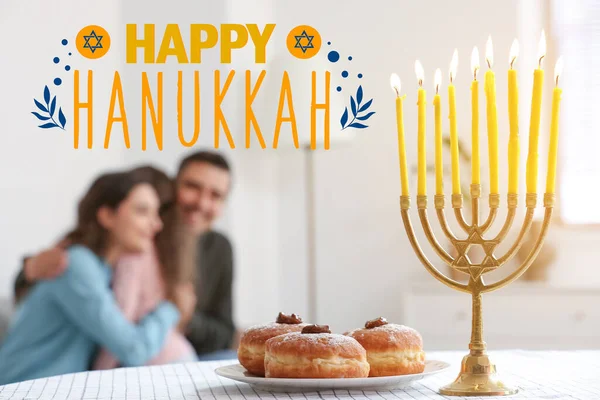 Belo Cartão Saudação Para Feliz Hanukkah Com Menorah Donuts — Fotografia de Stock