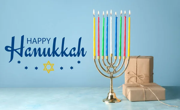 Hermosa Tarjeta Felicitación Para Feliz Hanukkah Con Menorah Regalos —  Fotos de Stock