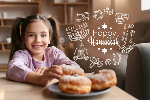 Belo Cartão Saudação Para Feliz Hanukkah Com Menina Comendo Saborosos — Fotografia de Stock