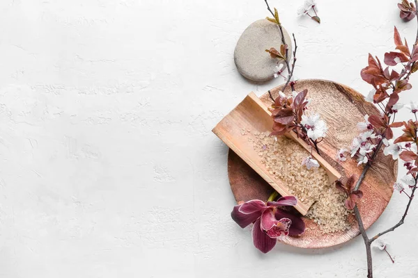 Plate Blossoming Branch Sea Salt Spa Stone White Background — Stock Photo, Image