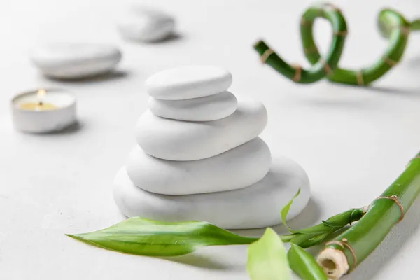 Stack Spa Stones Bamboo Branch White Background — Stock Photo, Image