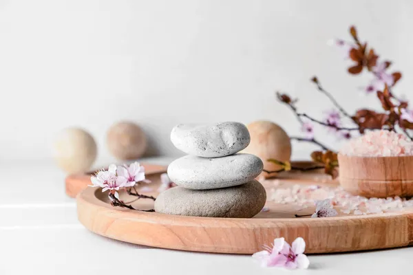 Tray Spa Stones Blossoming Branch White Background Closeup — Stock Photo, Image