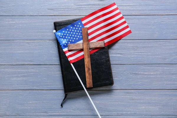 Holy Bible Cross Usa Flag Blue Wooden Background — Stock Photo, Image