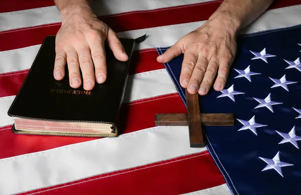 Man Holy Bible Cross Usa Flag Closeup — Stock Photo, Image