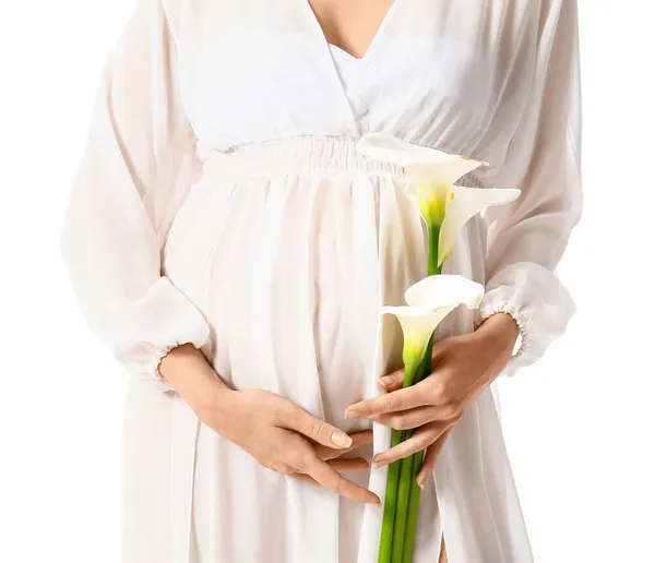 Tineri Gravidă Femeie Crini Calla Fundal Alb — Fotografie, imagine de stoc