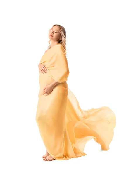 Mujer Embarazada Joven Tela Clara Sobre Fondo Blanco —  Fotos de Stock