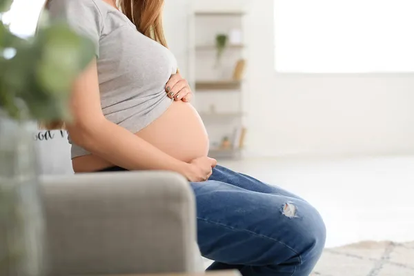 Young Pregnant Woman Sitting Grey Sofa Home — Stock Photo, Image