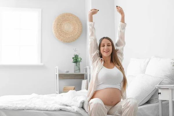Young Pregnant Woman Stretching Bed Morning — Stock Photo, Image