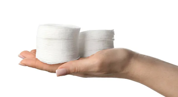 Female Hand Stacks Cotton Pad White Background — Stock Photo, Image