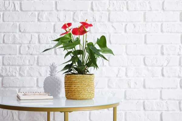 Mesa Con Flor Anthurium Cuaderno Anteojos Sobre Fondo Ladrillo Blanco —  Fotos de Stock