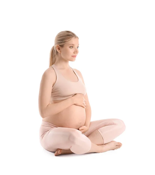 Deportiva Mujer Embarazada Relajante Sobre Fondo Blanco —  Fotos de Stock