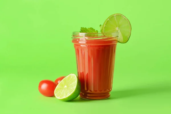 Glass Bloody Mary Celery Lime Tomatoes Color Background — Stock Photo, Image