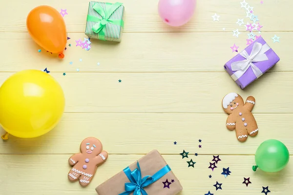 Keret Készült Léggömbök Ajándékok Cookie Színes Háttér — Stock Fotó