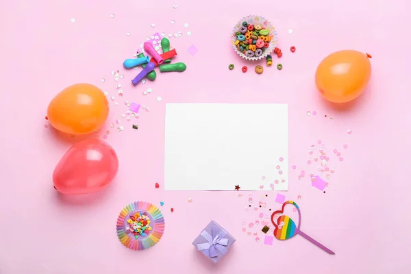 Sheet Paper Balloons Cereal Confetti Pink Background — Stock Photo, Image