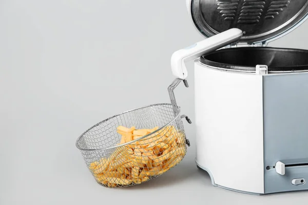 Modern Deep Fryer French Fries Light Background — Stock Photo, Image