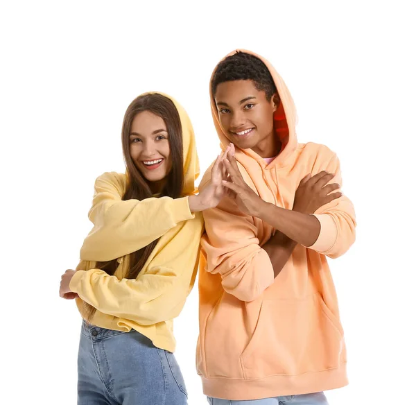 Stylish Young Couple Hoodies Giving Each Other High Five White — Stock Photo, Image