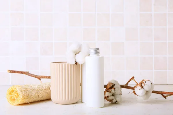 Bottle Cosmetic Product Sponge Cotton Branch Table Tile Wall — Stock Photo, Image