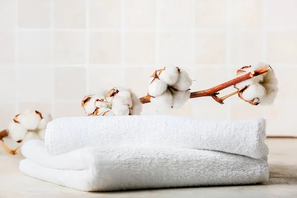 Clean Towels Beautiful Cotton Branch Table Tile Wall Closeup — Stock Photo, Image