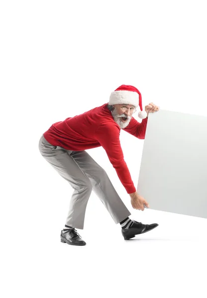 Емоційний Зрілий Чоловік Капелюсі Санта Клауса Чистим Плакатом Білому Тлі — стокове фото