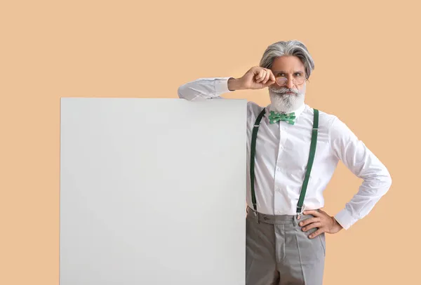 Stylish Mature Man Blank Poster Color Background — Stock Photo, Image