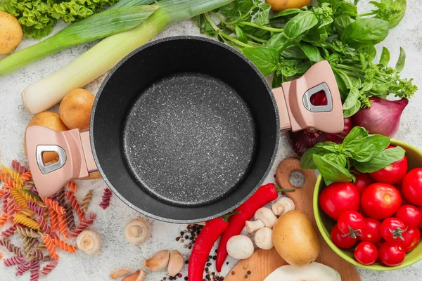 Cooking Pot Ingredients Delicious Soup Table — Stock Photo, Image