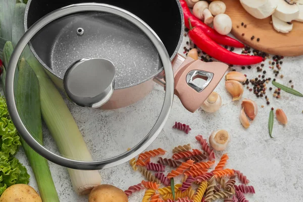 Cooking Pot Lid Ingredients Delicious Soup Table — Stock Photo, Image