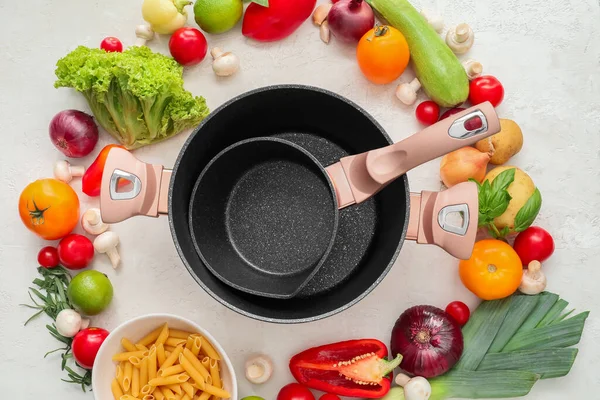 Cooking Pot Saucepan Frame Made Ingredients Delicious Soup Table — Stock Photo, Image