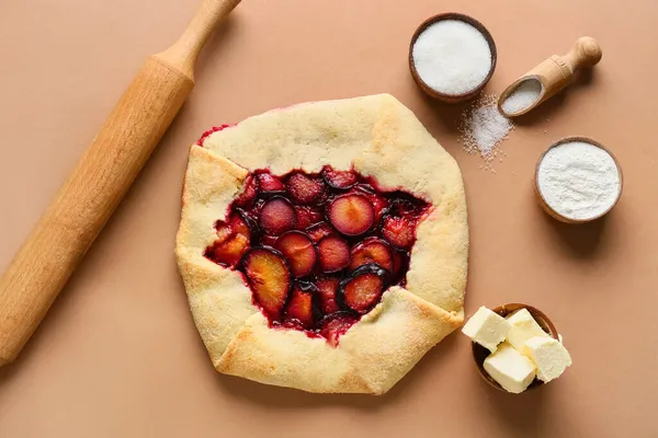 Tasty Plum Galette Butter Sugar Flour Color Background — Stock Photo, Image