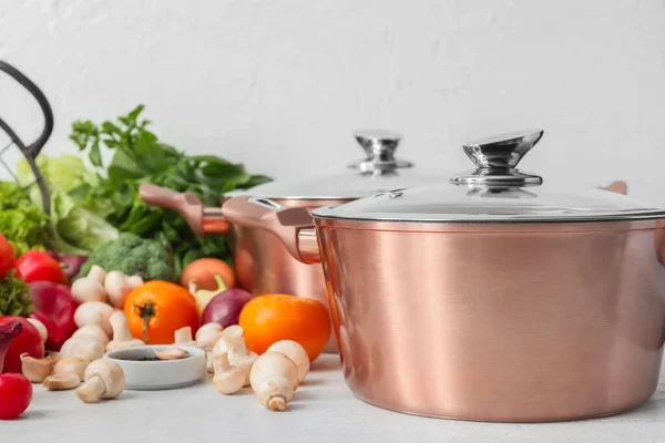 Cooking Pot Ingredients Delicious Soup Table — Stock Photo, Image