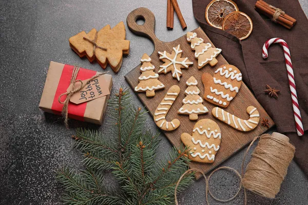 Board Christmas Gingerbread Cookies Dark Background — Stock Photo, Image