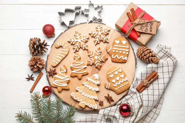 Board Christmas Gingerbread Cookies White Wooden Background — Stock Photo, Image