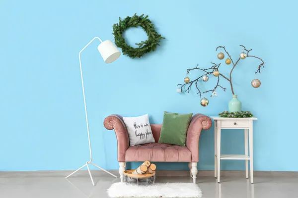Interior Stylish Living Room Armchair Christmas Balls — Stock Photo, Image