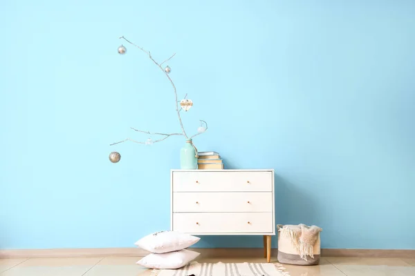 Tree Branches Christmas Balls Vase Chest Drawers Blue Wall — Stock Photo, Image