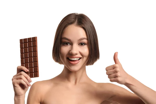 Beautiful Young Woman Sweet Chocolate Showing Thumb White Background — Stock Photo, Image