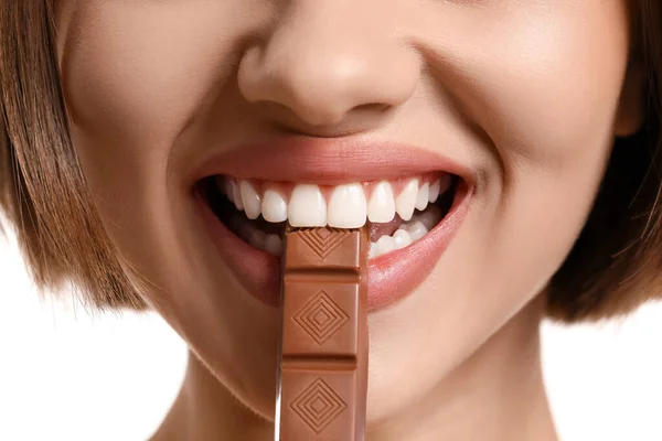 Beautiful Young Woman Sweet Chocolate White Background Closeup — Stock Photo, Image