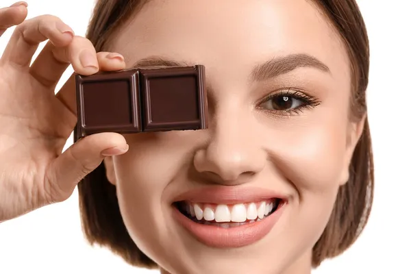 Beautiful Young Woman Sweet Chocolate White Background — Stock Photo, Image