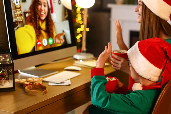 Little Boy His Mother Video Chatting Home Christmas Eve Due — Stock Photo, Image