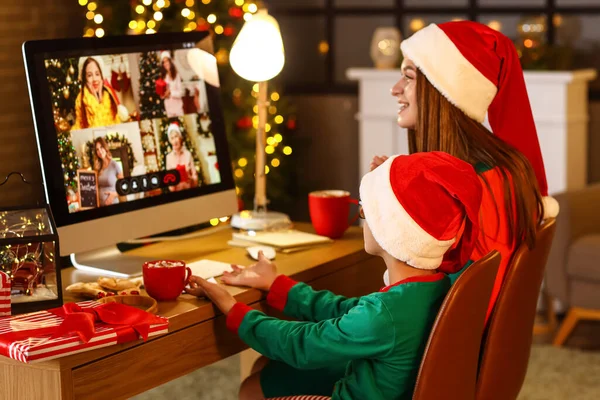 Little Boy His Mother Video Chatting Home Christmas Eve Due — Stock Photo, Image