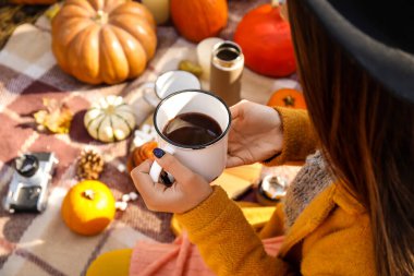 Genç bir kadın sonbahar günü romantik bir piknik yapıyor.