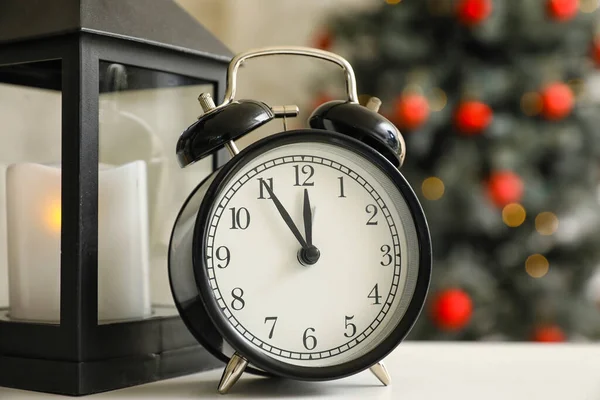 Christmas Fairy Time Black Alarm Clock Blurred Room Interior Background — Stock Photo, Image