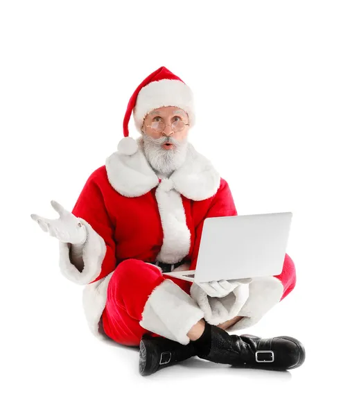 Surprised Santa Claus Laptop White Background — Stock Photo, Image