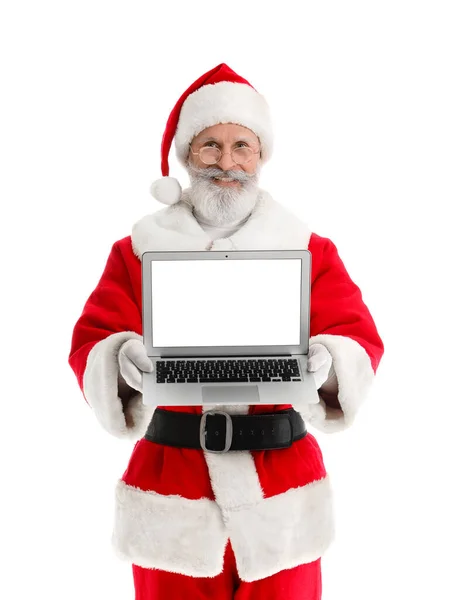Kerstman Met Moderne Laptop Witte Achtergrond — Stockfoto