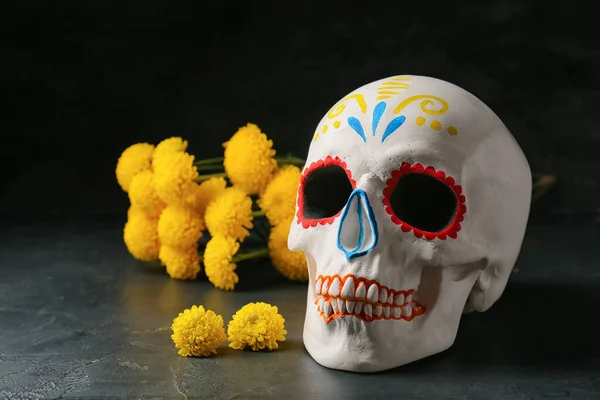 Painted Human Skull Mexico Day Dead Dia Muertos Flowers Dark — Stock Photo, Image