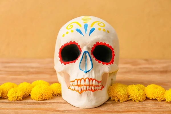 Painted Human Skull Mexico Day Dead Dia Muertos Flowers Table — Stock Photo, Image