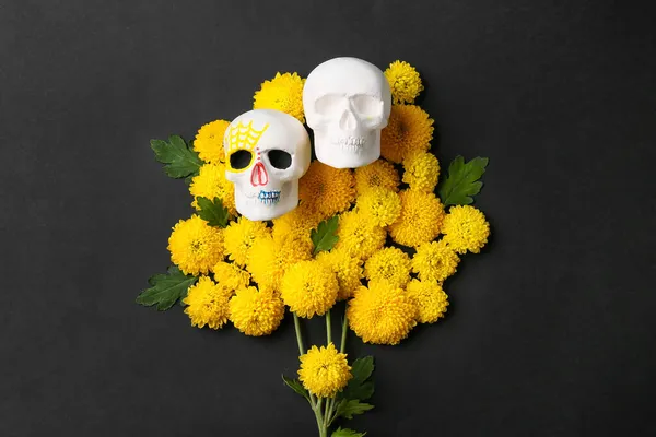Human Skulls Mexico Day Dead Dia Muertos Flowers Black Background — Stock Photo, Image