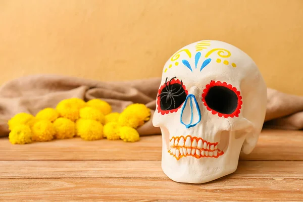 Painted Human Skull Mexico Day Dead Dia Muertos Wooden Table — Stock Photo, Image