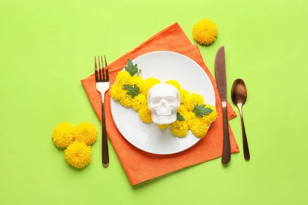 Table Setting Human Skull Mexico Day Dead Dia Muertos Flowers — Stock Photo, Image