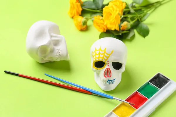Human Skulls Mexico Day Dead Dia Muertos Paints Flowers Green — Stock Photo, Image