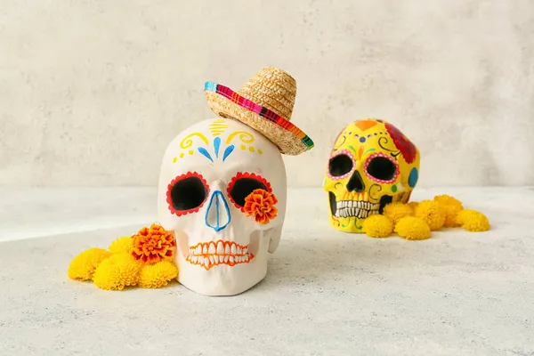 Painted Human Skulls Mexico Day Dead Dia Muertos Flowers Light — Stock Photo, Image